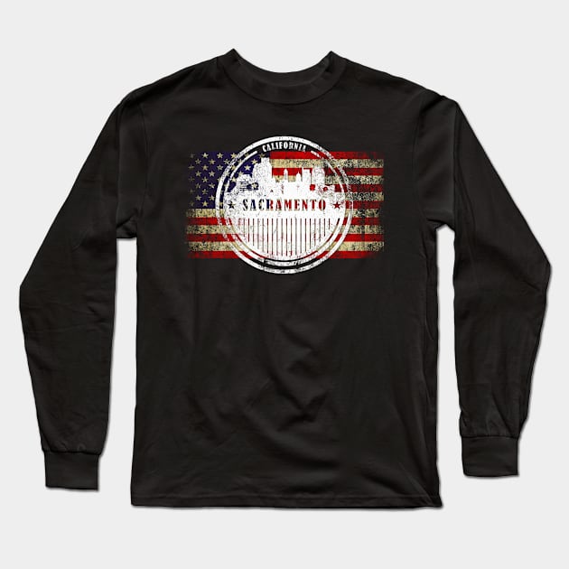 Sacramento City  silhouette with American flag Long Sleeve T-Shirt by DimDom